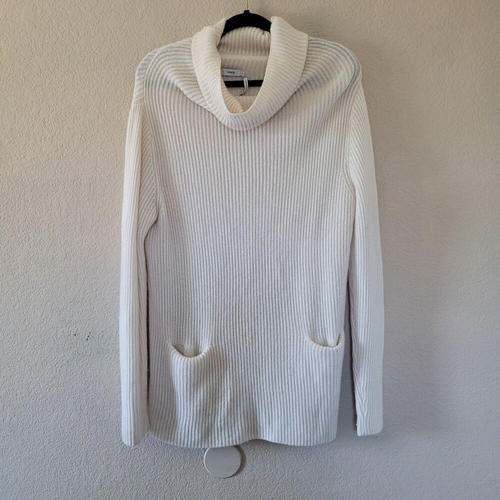 Vince 100% Cashmere Cowl Neck Sweater Sz Small Knit Soft Ribbed Pockets Classic